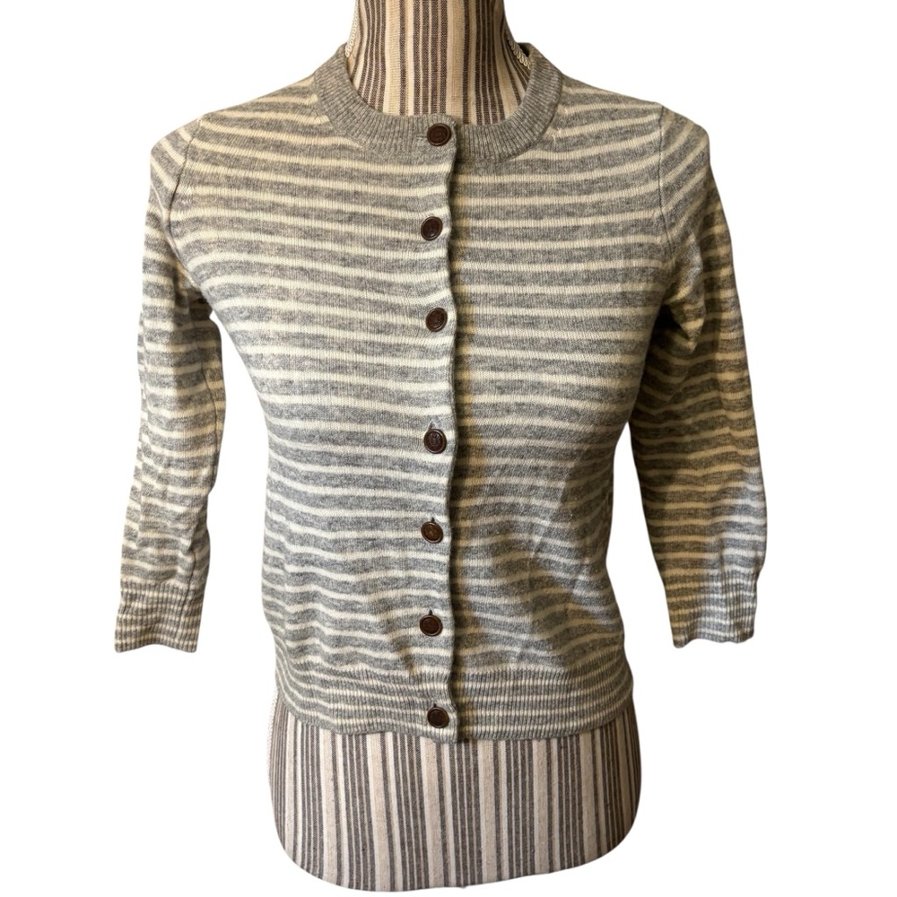 SALE! J. Crew Cardigan XS Wool Cashmere Gray White Stripe ButtonUp Crop 3/4 Slvs